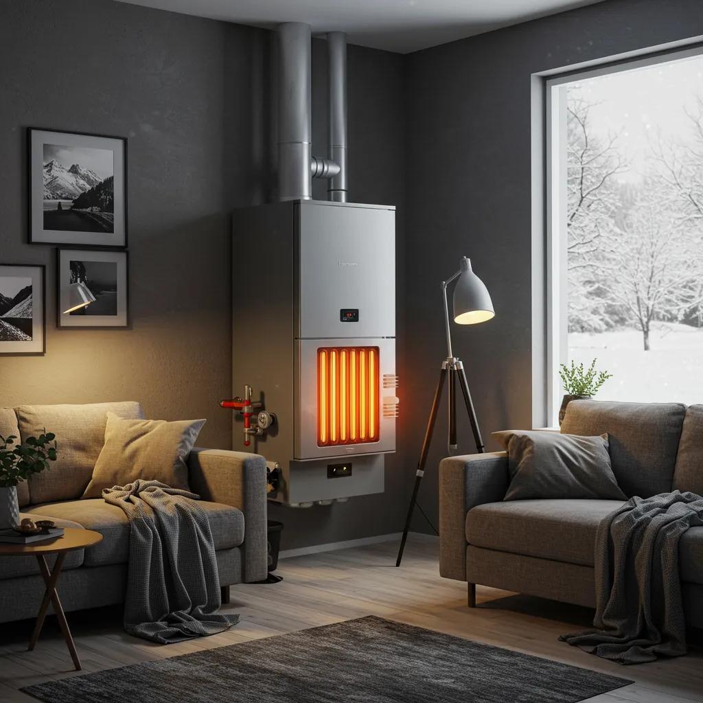 Modern high-efficiency furnace in a cozy living room with winter scenery