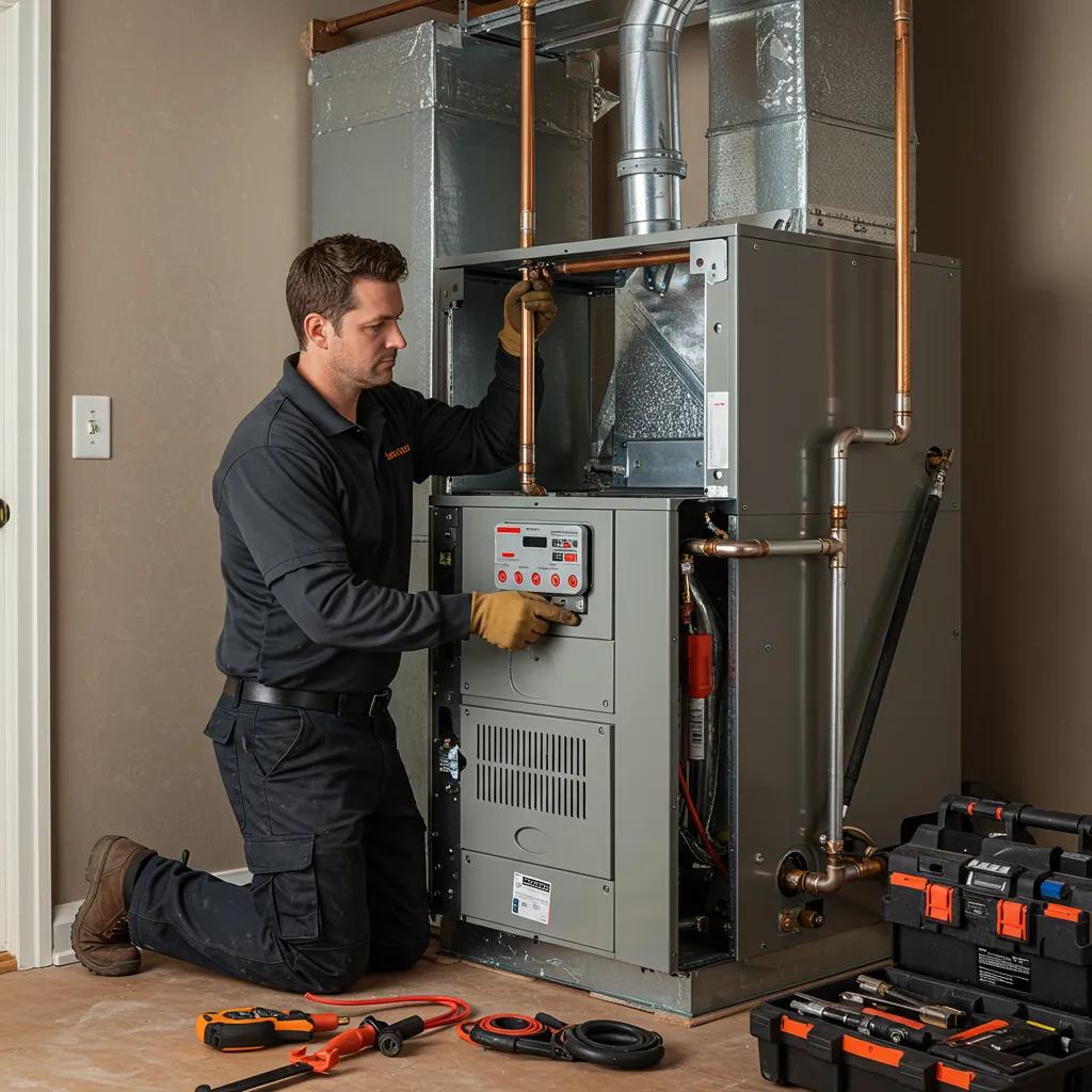 Technician installing a high-efficiency furnace in a home