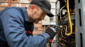 HVAC technician performing maintenance on a furnace, ensuring optimal performance and energy efficiency for home heating solutions.