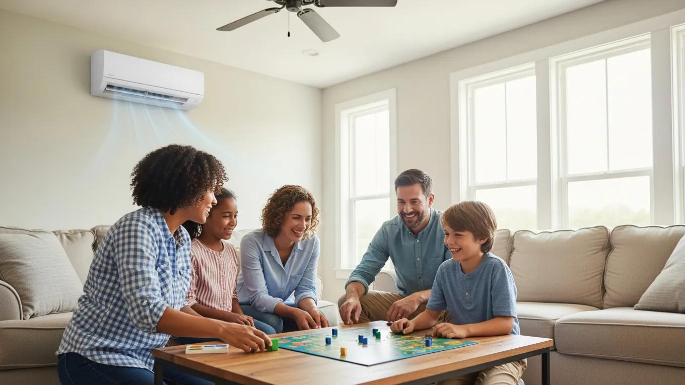 Spring AC Tune-Up: Prepare Your Air Conditioner for Summer 2 Family enjoying a cool living room during summer, highlighting the benefits of regular AC tune-ups