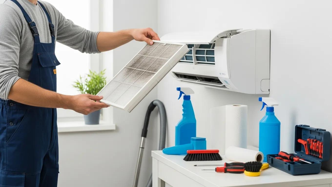 Spring AC Tune-Up: Prepare Your Air Conditioner for Summer 3 Homeowner changing an air conditioning filter in a clean utility room, demonstrating maintenance tips for optimal performance