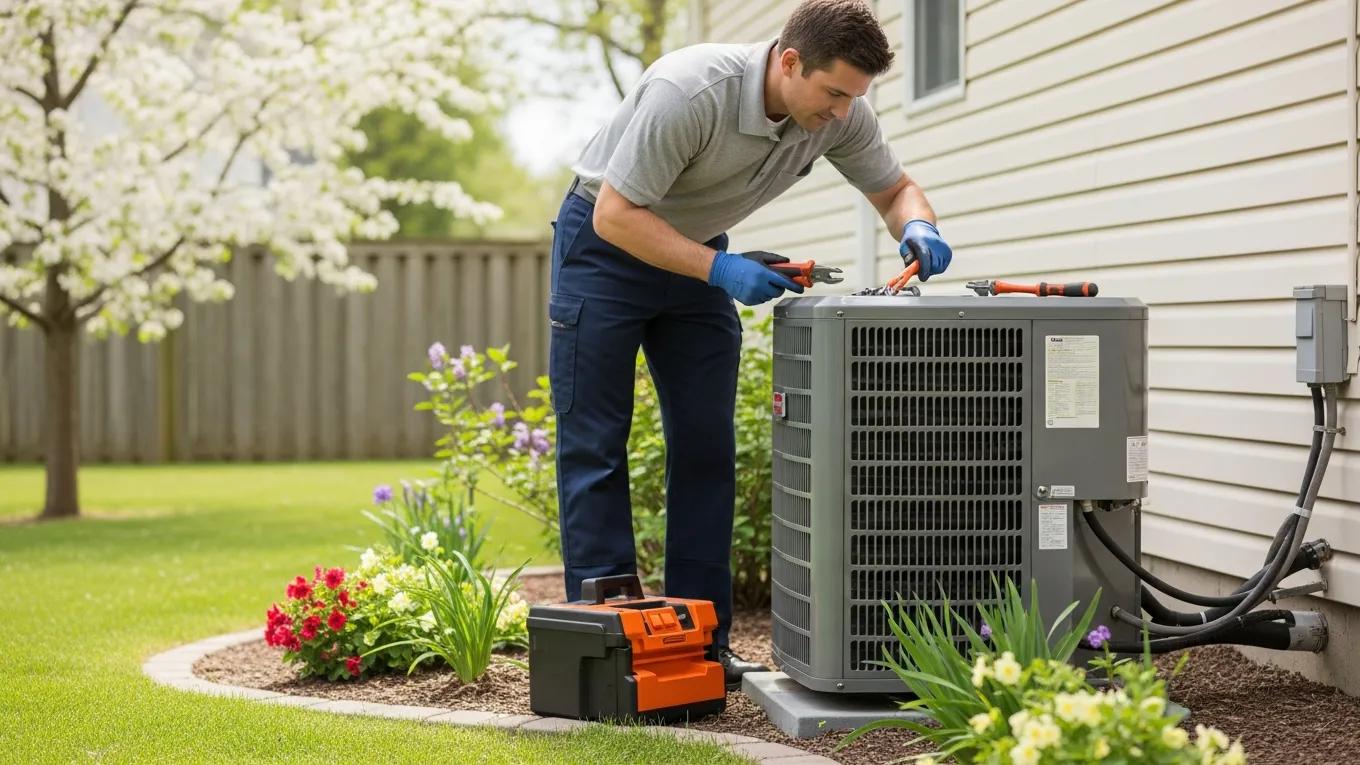 HVAC Blog 19 Technician performing a spring AC tune-up on a residential air conditioning unit in a blooming backyard